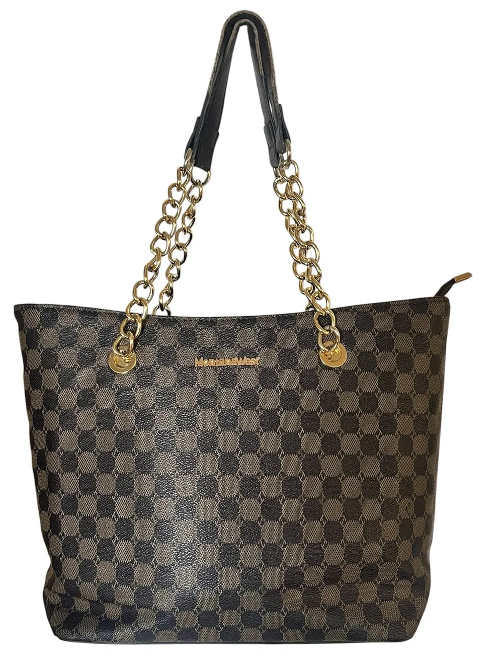 Montana West Brown Checker Tote with Gold Chain Straps
